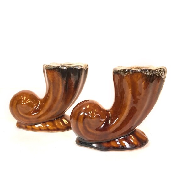 Anna Van Briggle Pottery Brown Drip Horn Cornucopia Candle Holder Pair RARE VTG - Picture 3 of 11
